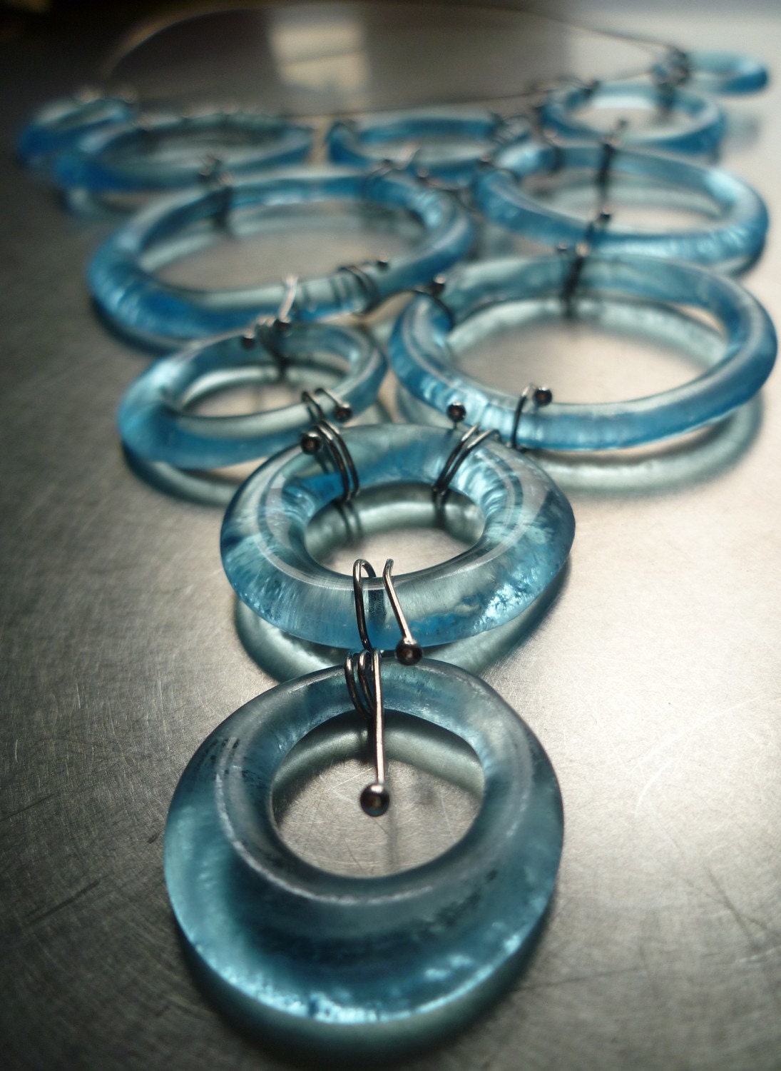 Eco friendly necklace - BUBBLE Azzurra Large - Silver and recycled glass