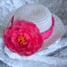 Baby derby hat-church hat -Lovely white hat with fuchsia pink ribbon and Peony flower -fits infants-Custom orders