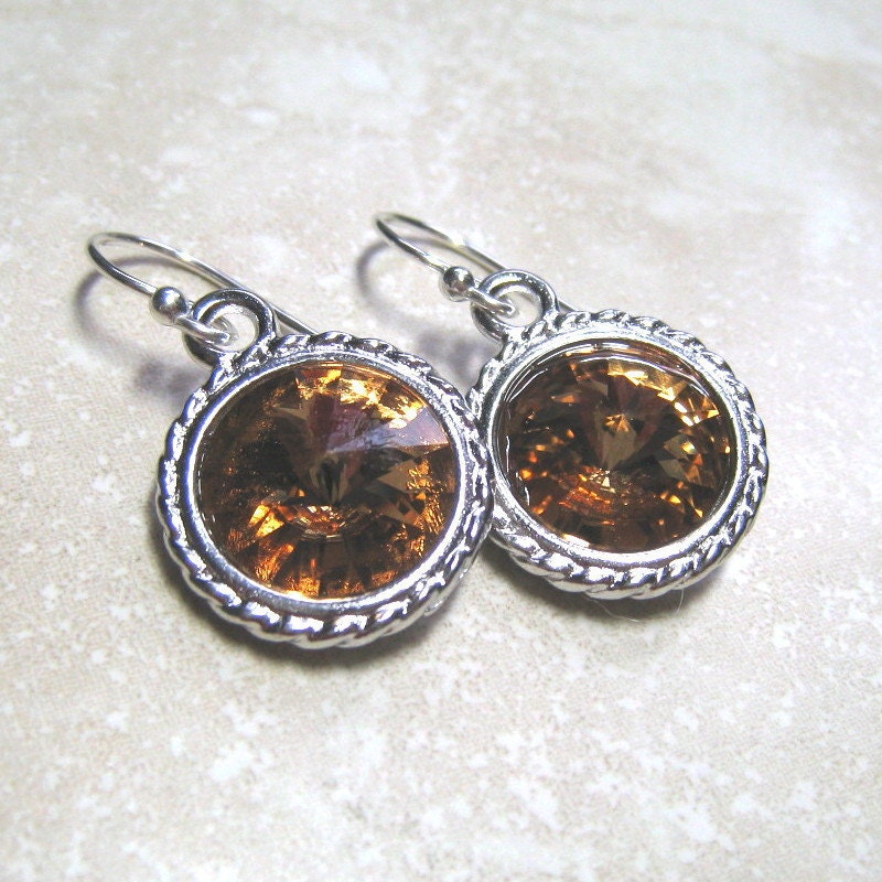 Topaz Earrings,  Rivoli Swarovski Crystal,  Silver Setting,  December Birthstone, Handmade Jewelry, On Sale