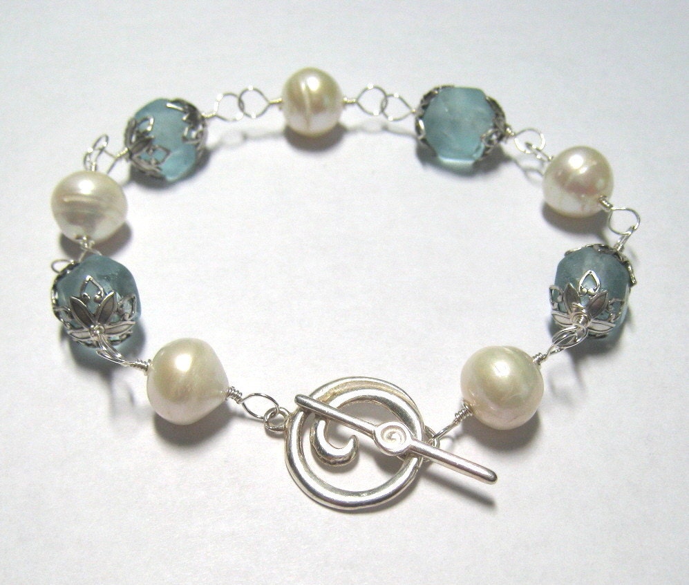 Sea Glass and Pearl Bracelet Aqua Sea Glass White Freshwater Pearls Wire Wrapped in Sterling Silver