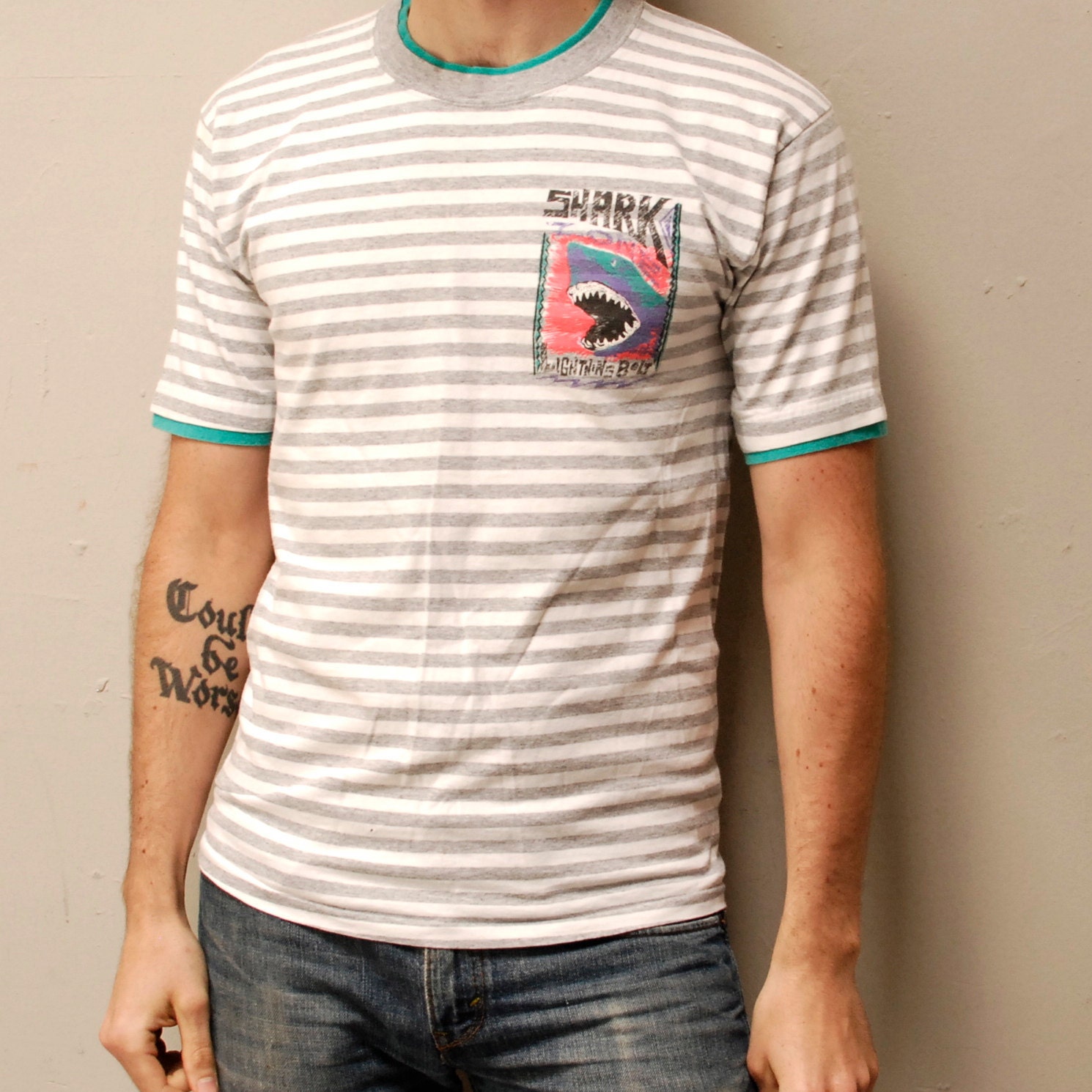 STRIPED SURFER cotton ringer SHARK t-shirt made in usa