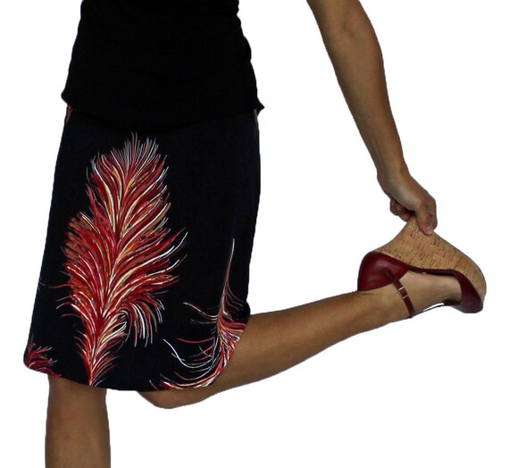 Red Feather Print A-line Skirt, Black and Red Jersey Travel Skirt