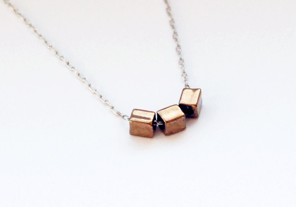 3 Vintage Gold Glass Cubes Necklace on Silver Chain - 17 inch