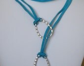 Turquoise, Silver, Vintage Crystal, Womans Necklace, Lariat Necklace, Leather, Suede, Casual Necklace, Sky Blue