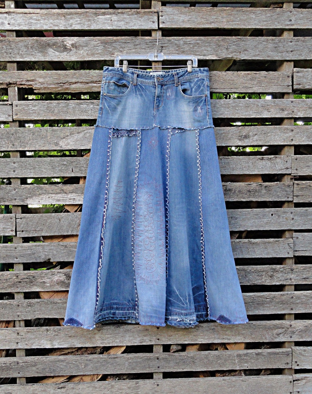 Distressed Long Jean Skirt - Upcycled Long Jean Skirt