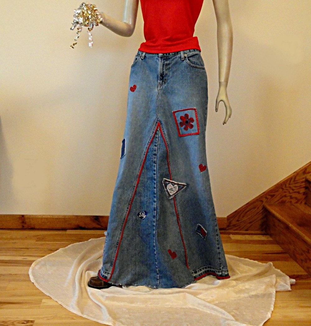 Handmade Long Hippie Jeans Skirt Really Retro by DenimDiva2day