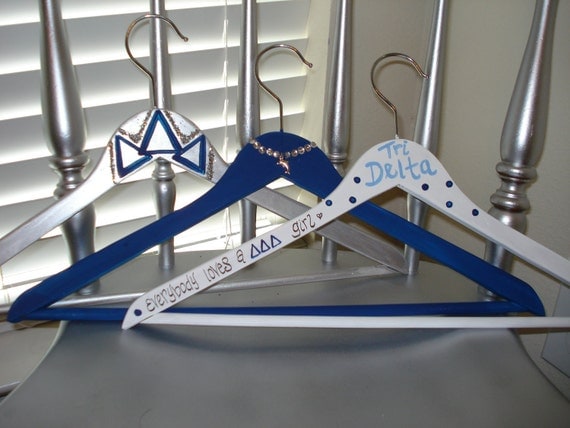 Tri Delta Sorority Painted wood hangers in blue, silver, and white with BONUS Delta Delta Delta PINKtober hanger