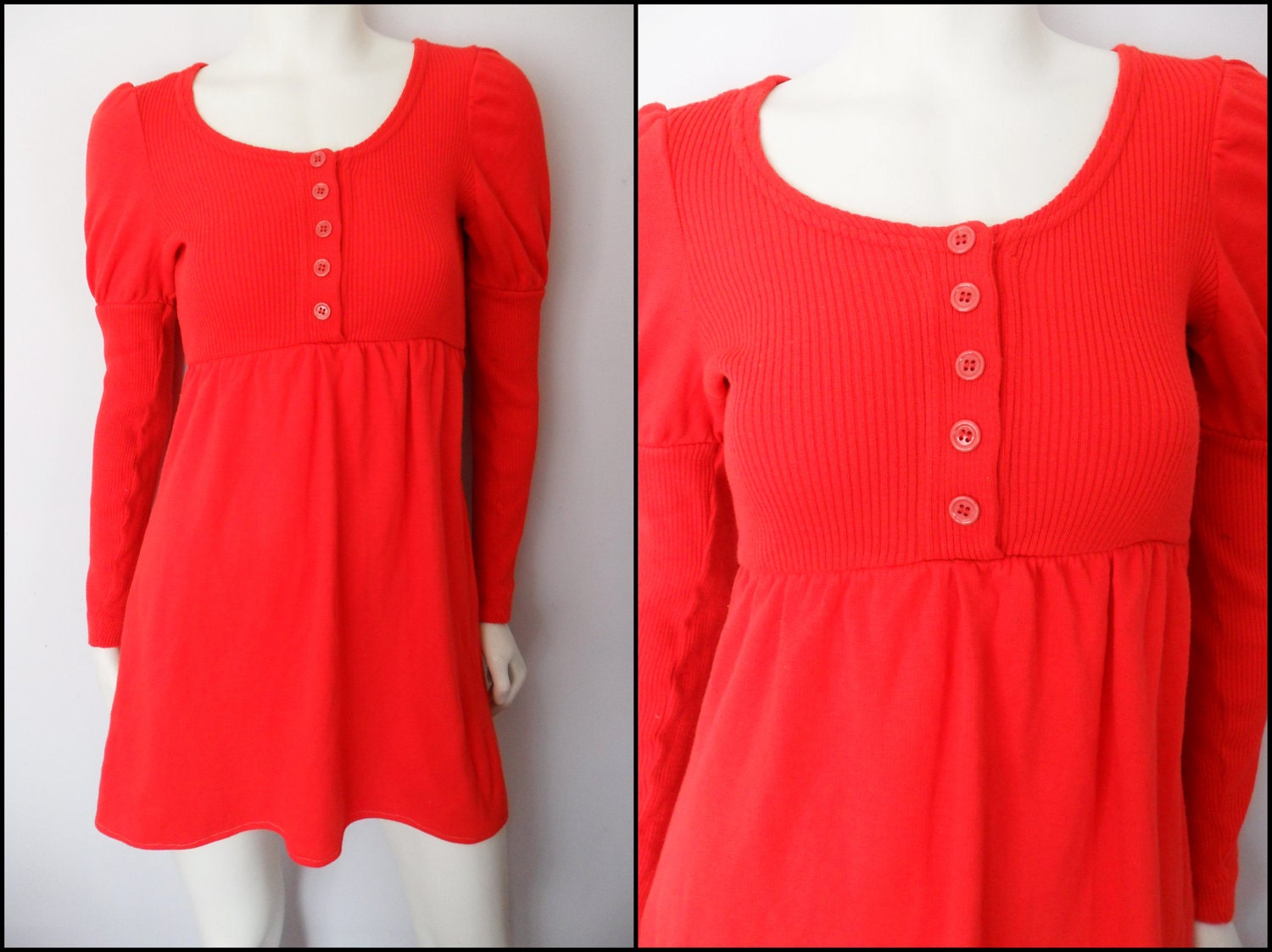 Vtg.60s Red Ribbed Princess Maiden Long Sleeve MOD Sweater Mini Dress.S/M.Bust 34-40.Waist 22-34.Hips 44.