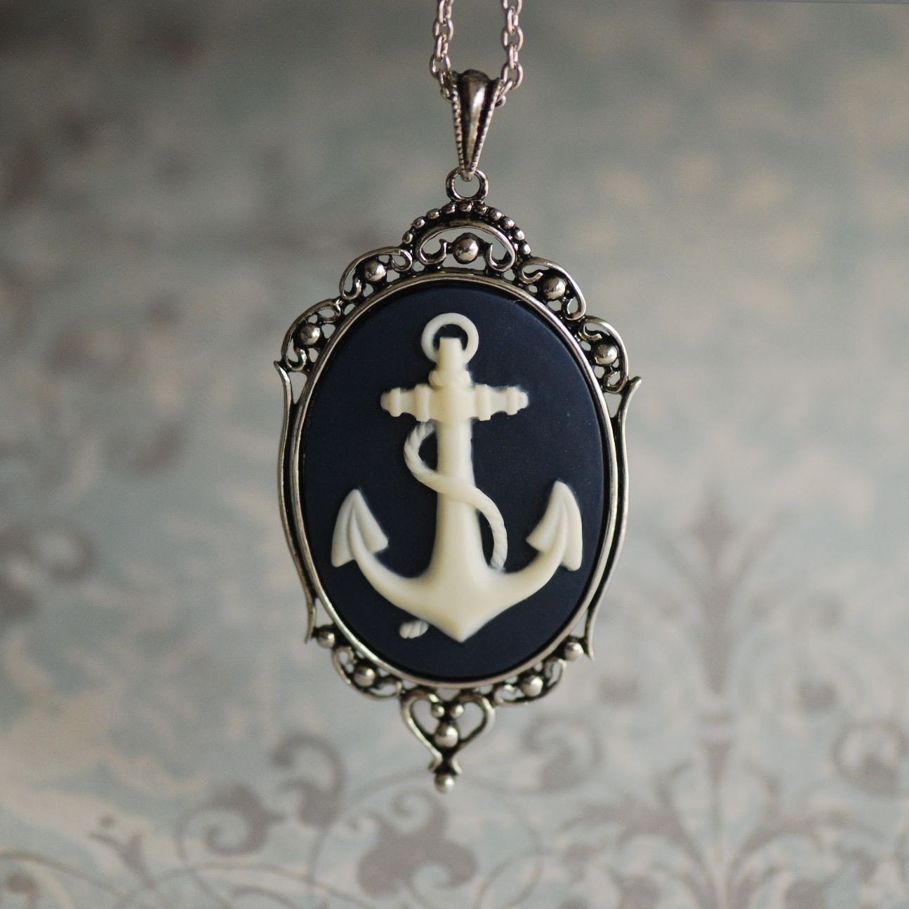 Nautical Anchor Necklace - Sail Away Ivory Navy Blue Cameo