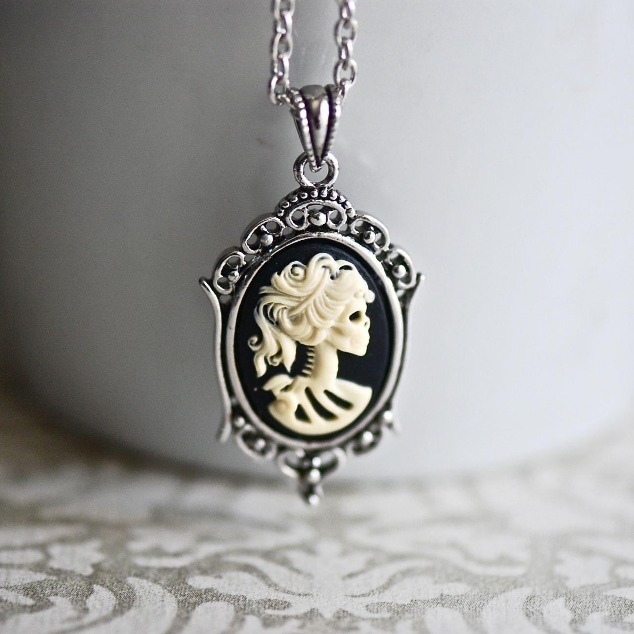 Miss Little Corpse Gothic necklace -(small) - Lolita Skeletal Zombie Lady Cameo