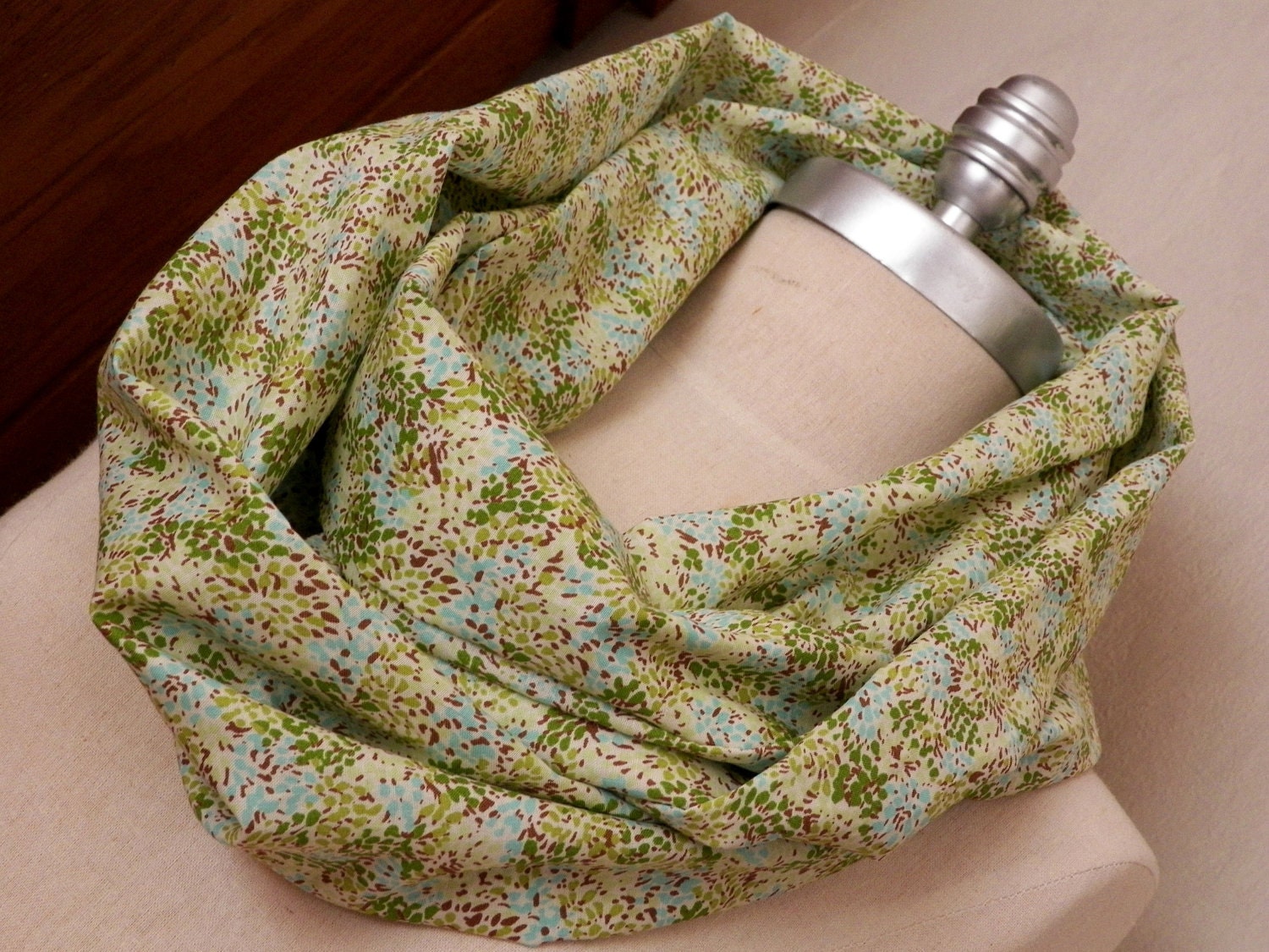 RESERVED Infinity Scarf, Cotton Fabric Loop Scarf Spring Green, Mint, Aqua, Brown, and Cream