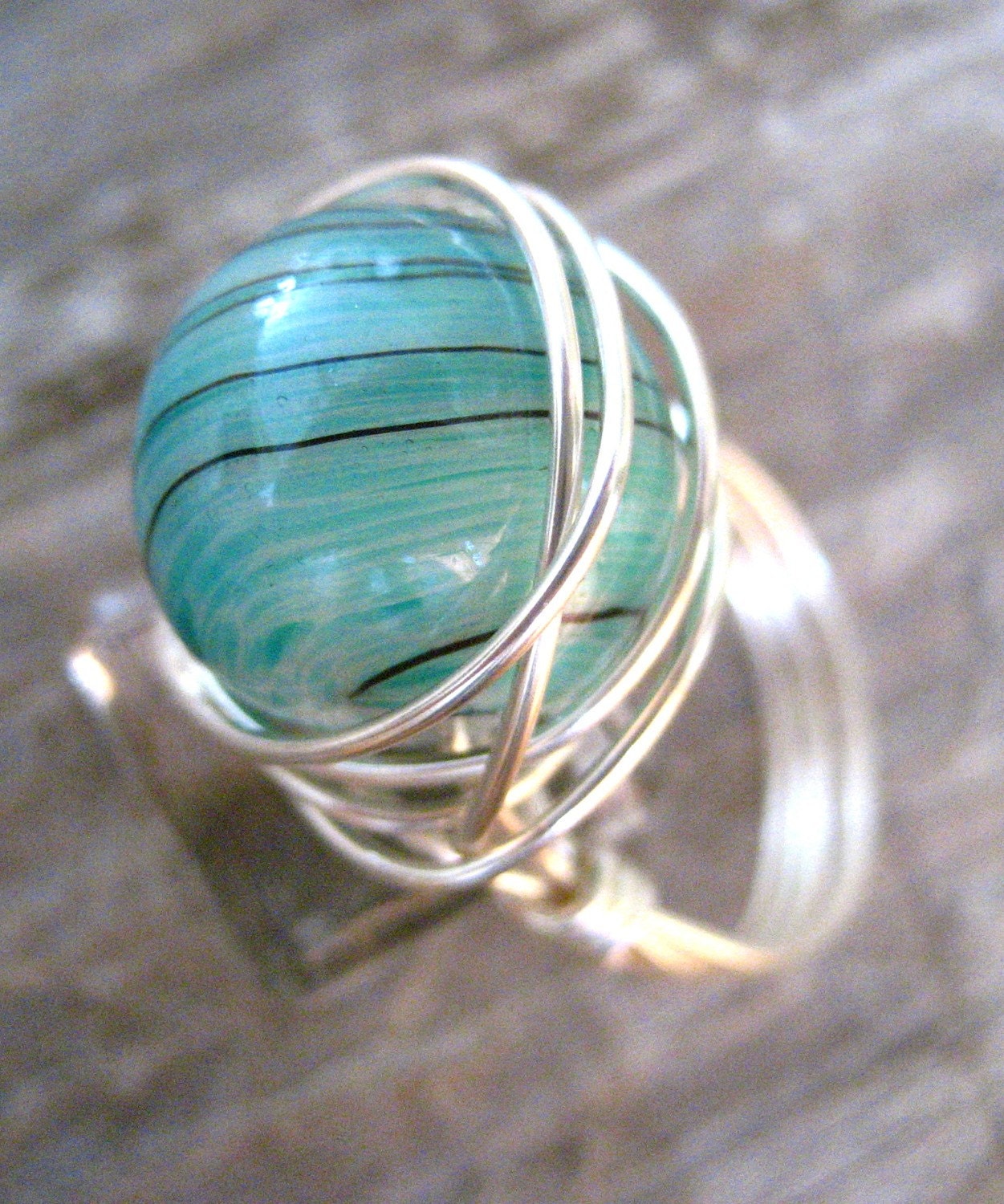 Teal Green Swirl Wire Wrapped Ring- size 7