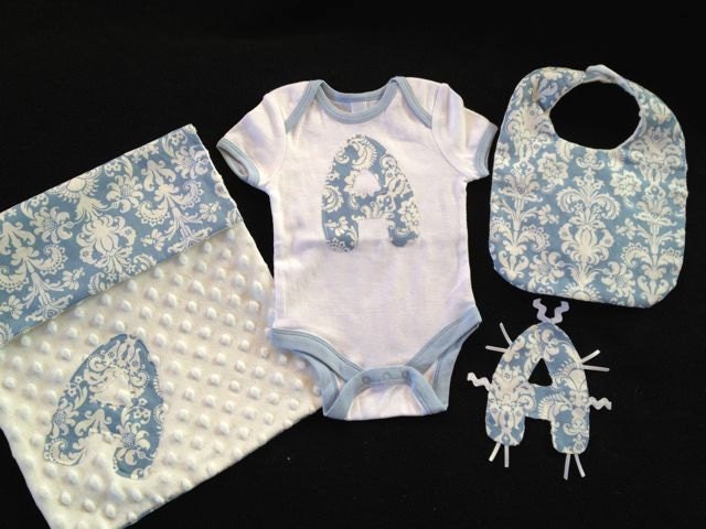 Personalized Baby Boy Gift Set, 4 pc. Onesie with Damask Initial, letter taggie toy,Bib, Burpie in baby blue Damask and white Minky Dot