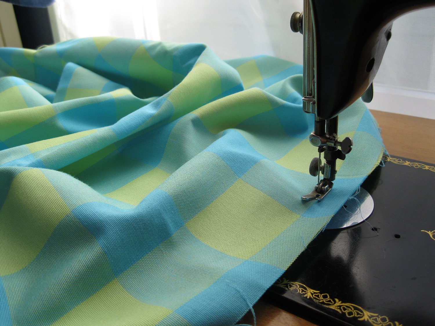 Vintage 1960s Linen Gingham Fabric Yellow Blue Yardage Sewing Supplies