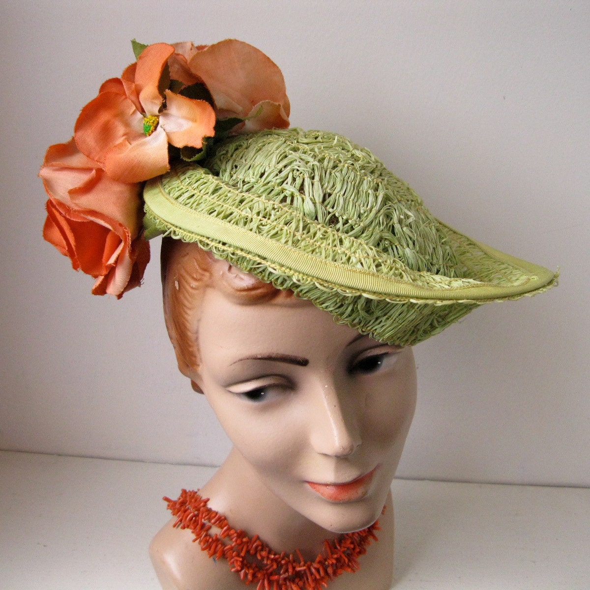 Vintage 1930s Green Straw Hat Tilt Topper Orange Green 1940s Perch Spring Fashions