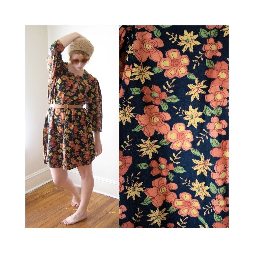 Bohemian Autumnal Dress Vintage 1970s Shirt Dress Size Medium