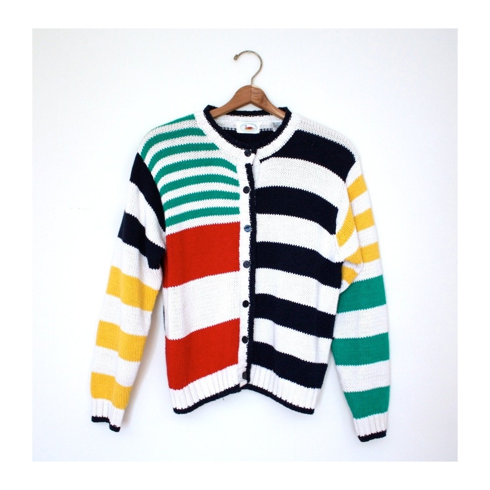 Reserved - Cardigan Rainbow 1980s Colorful Stripe Sweater Vintage Button Up Top Size Small