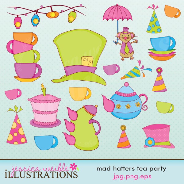 Mad Hatter's Tea Party Cute Digital Clipart for Card Design, Scrapbooking, and Web Design
