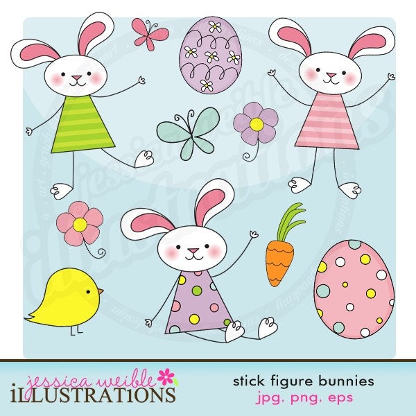 Stick Figure Bunnies Cute Digital Clipart for Card Design, Scrapbooking, and Web Design Il_570xn
