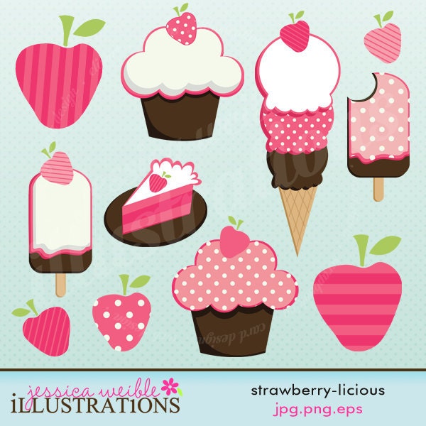 Strawberry licious Cute Digital Clipart for Card Design, Scrapbooking, and Web Design Il_570xn