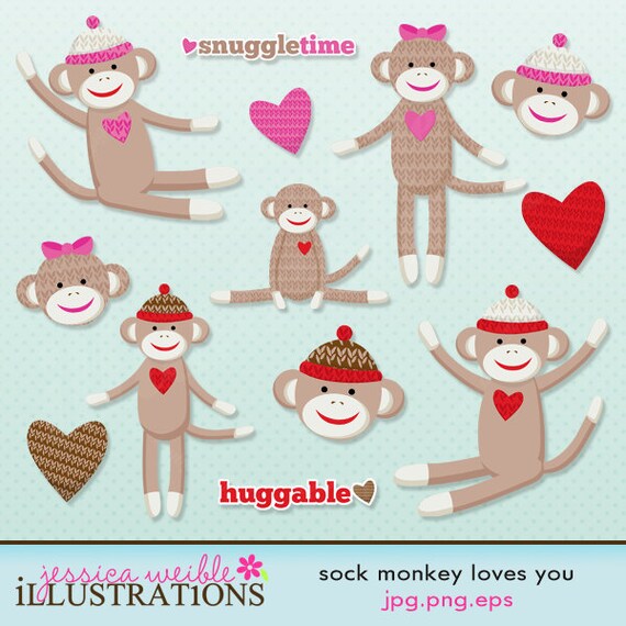 Sock Monkey Loves You Cute Digital Clipart for Card Design, Scrapbooking, and Web Design Il_570xn
