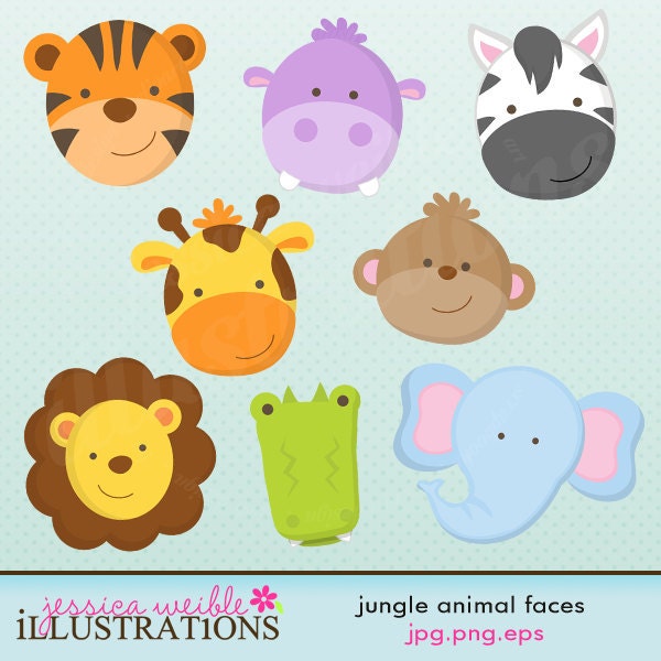 Jungle Animal Faces Cute Digital Clipart for Card Design, Scrapbooking, and Web Design Il_570xn