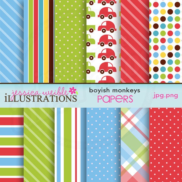 Boyish Monkeys Cute Digital Papers for Card Design, Scrapbooking, and Web Design Il_570xn