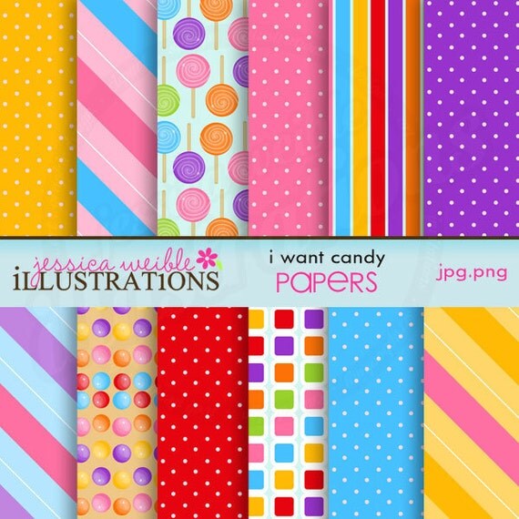 I Want Candy Cute Digital Papers for Card Design, Scrapbooking, and Web Design Il_570xn