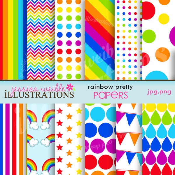 Rainbow Pretty Cute Digital Papers for Card Design, Scrapbooking, and Web Design Il_570xn
