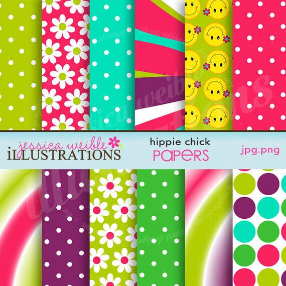 Hippie Chick Cute Digital Papers for Card Design, Scrapbooking, and Web Design Il_570xn