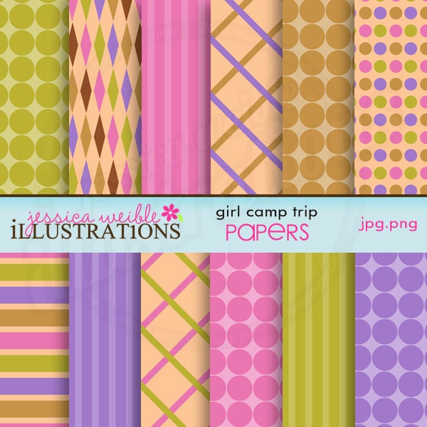 Girl Camp Trip Cute Digital Papers for Card Design, Scrapbooking, and Web Design Il_570xn