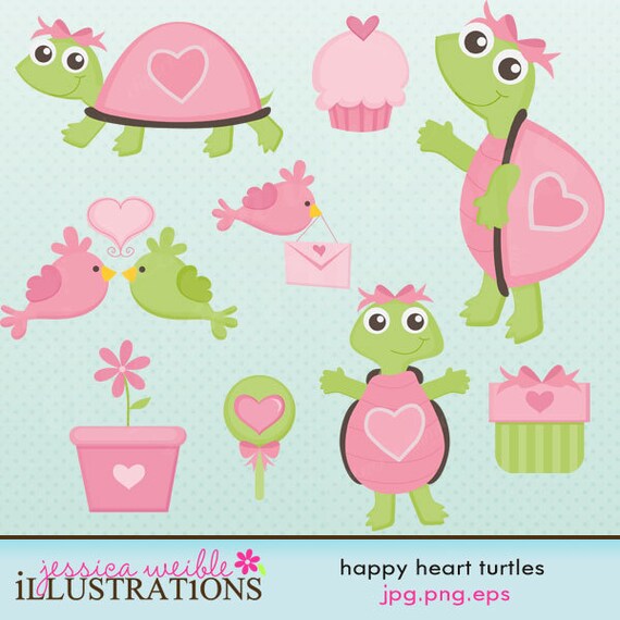 Happy Heart Turtles Cute Digital Clipart for Card Design, Scrapbooking, and Web Design Il_570xn