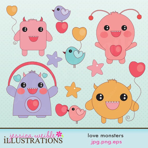 Love Monsters Cute Digital Clipart for Card Design, Scrapbooking, and Web Design Il_570xn