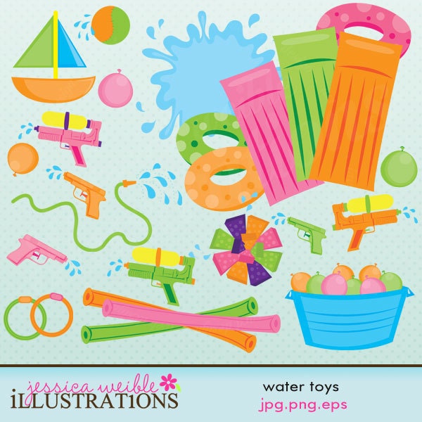 Water Toys Cute Digital Clipart for Card Design by JWIllustrations