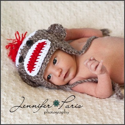 Custom Sock Monkey Hat PROP or GIFT Newborn to 18 Month sizes