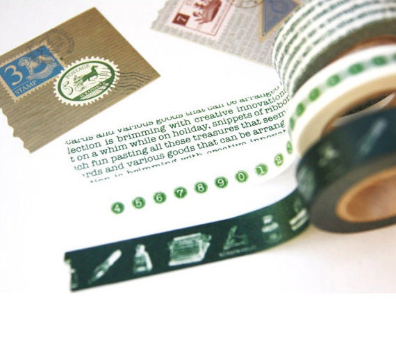 3 SET - Letters / Typewriter / Number Adhesive Masking Tapes - Dark GREEN