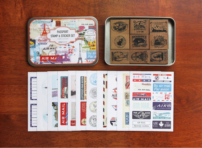Passport Stamp and Sticker in Iron Case (9 stamps, 11 sticker sheets, rubber pad, case)
