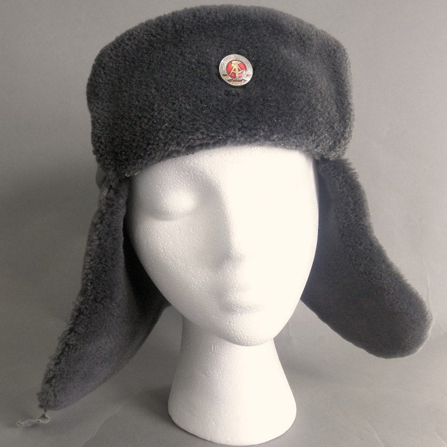 vintage hat East German Army Gray Wool and Faux Fur