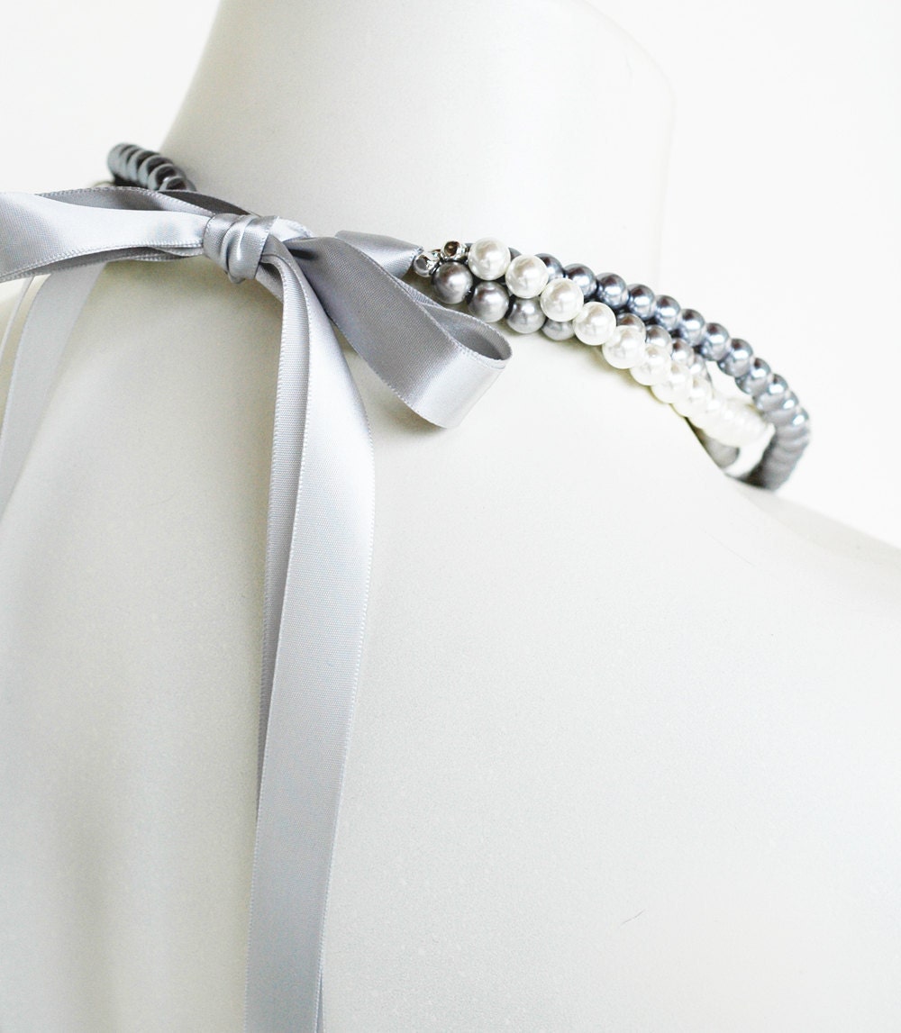 Samantha - Perfect Bridesmaid Necklace-White, Silver & Pewter, Triple Strand Pearl Necklace w/Ribbon Tie WEDDING JEWELRY Maid of HONOR
