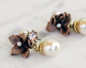Shabby Chic Affordable Ivory Pearl Drop Earrings Rhinestone and Gold Plate Details