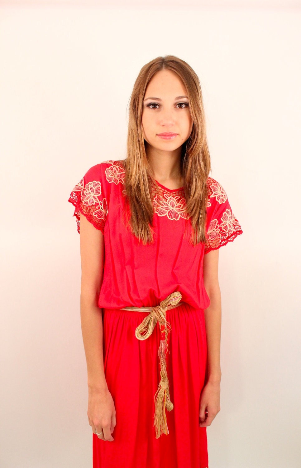 CLEMENTINE 80s Red Bali Cutout Floral Embroidered Dress