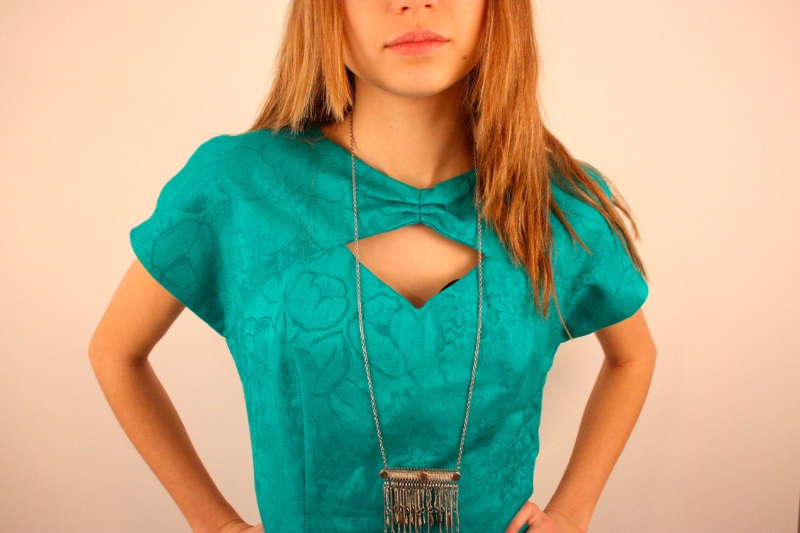 JESSICA HOWARD 80s Teal Cotton Linnen Floral Brocade Cut Out Bodycon Fitted Dress
