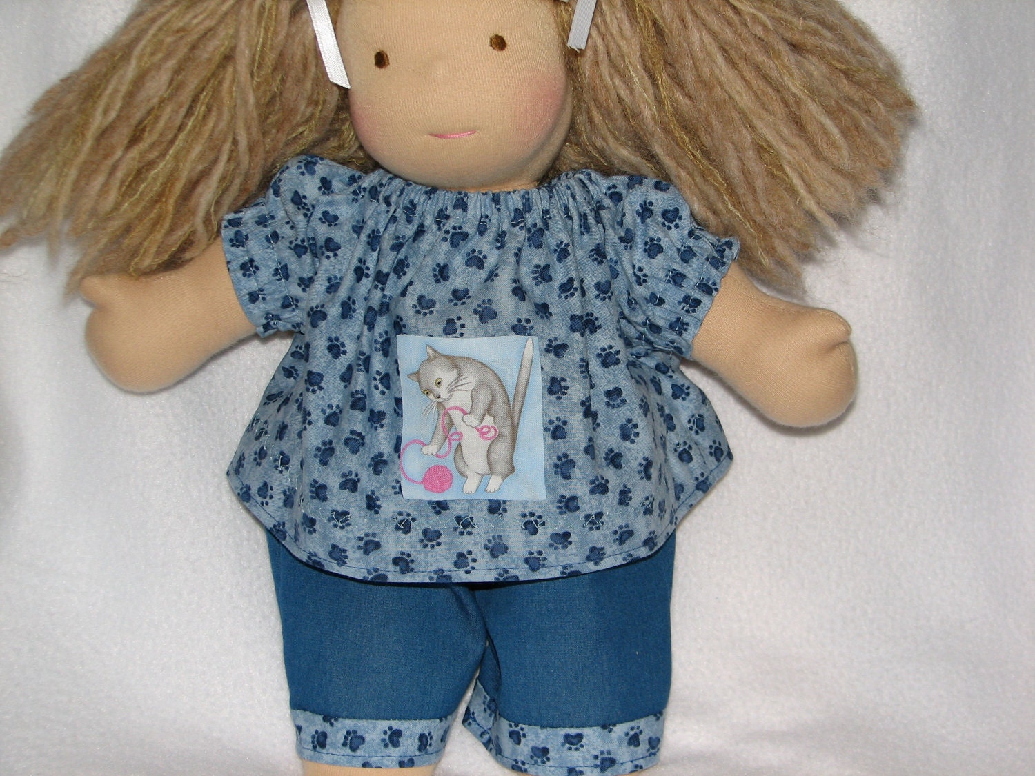 Waldorf Doll Clothes Jeans & Cat / Kitten / Kitty Peasant Top Blue Paw Print for 15 - 18 inch Doll RTG