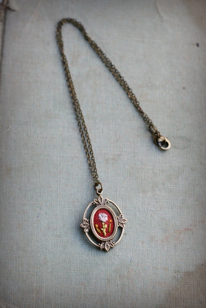 Lavender Rose- hand embroidered necklace