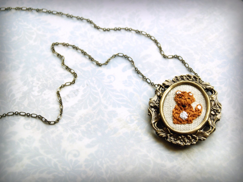 Mr. Fox- hand embroidered jewelry, woodland, vintage style necklace