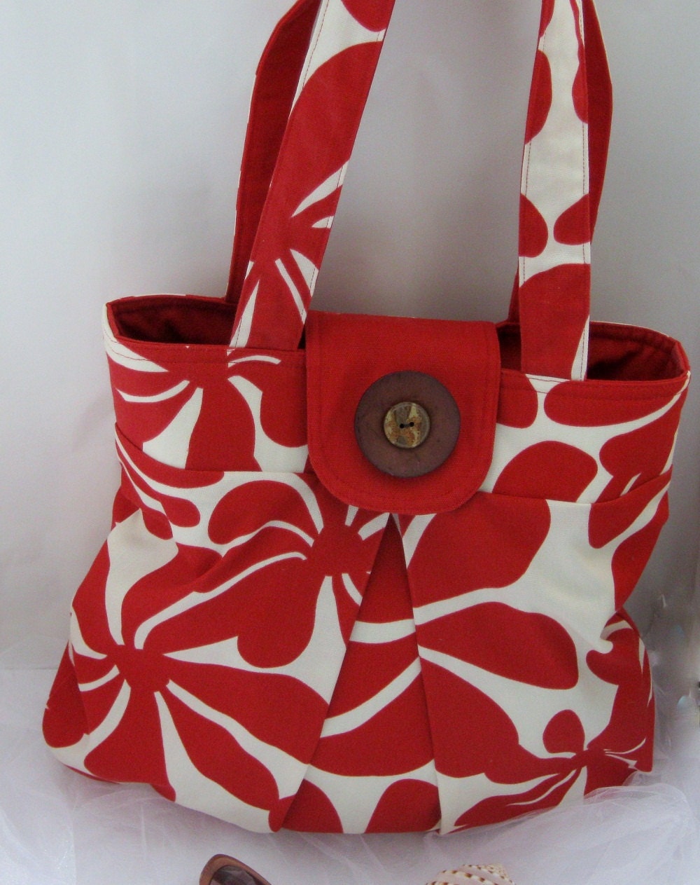 floral handbag, red and cream