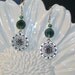 Dark Green and Silver Flower Design Disk Sterling Silver Dangle Earrings