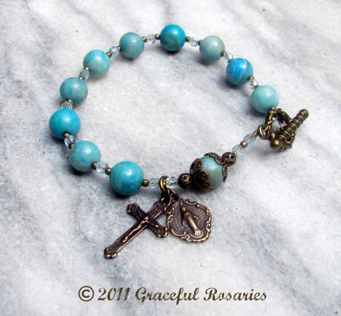 Catholic Rosary Bracelet with Turquoise gemstones and Bronze Cross and miraculous medal