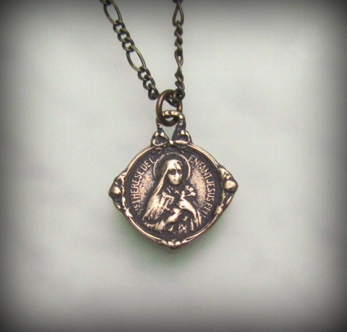 St Therese medal necklace: solid bronze french antique reproduction vintage style catholic medal
