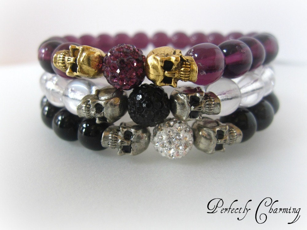 Bracelet "No Bones About It" Gorgeous Czech Druk, Metal Skull and Bling Ball Beads